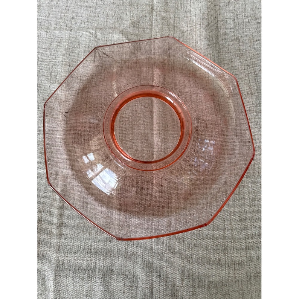 Vintage Pink Depression Glass 12" Console Bowl Etched Floral Rolled Octagon Rim